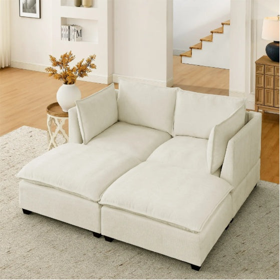 Comfy Cloud Couch Loveseat With 2 Ottoman, Modern Chenille Love Seat Upholstered Modular Couch Sleeper,  Beige White