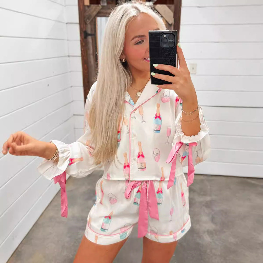 Women's Bow Long Sleeve Pajamas Shorts Suit