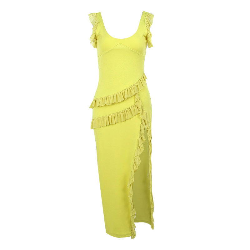 Women's Elegant Pleated V-Neck Dress with Flutter Straps and Irregular Hem