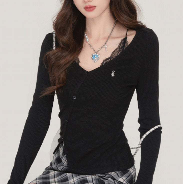 Pure Desire Faux Two-piece Lace Long-sleeved T-shirt For Women