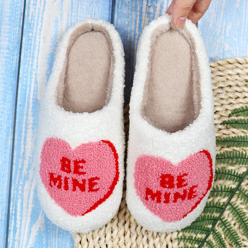 Women's Love Heart Cotton Slippers â€?Non-Slip Plush Indoor Slides