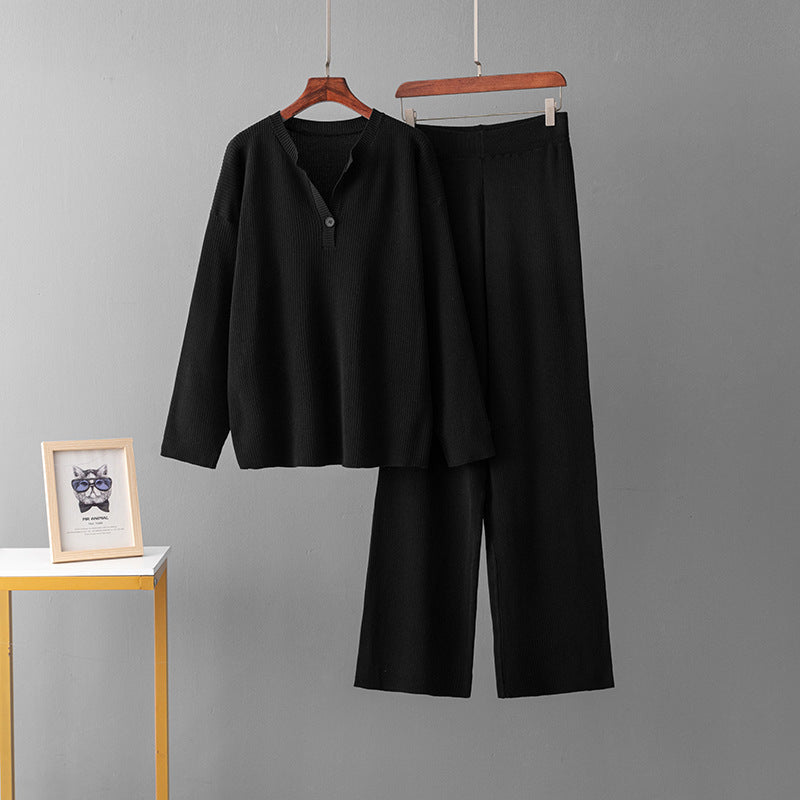 Loose Solid Color V-neck Knit Women's Suit