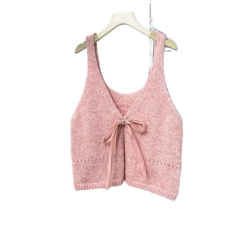 Sleeveless Bow Design Double-sided Wear Bandage Sweet Top