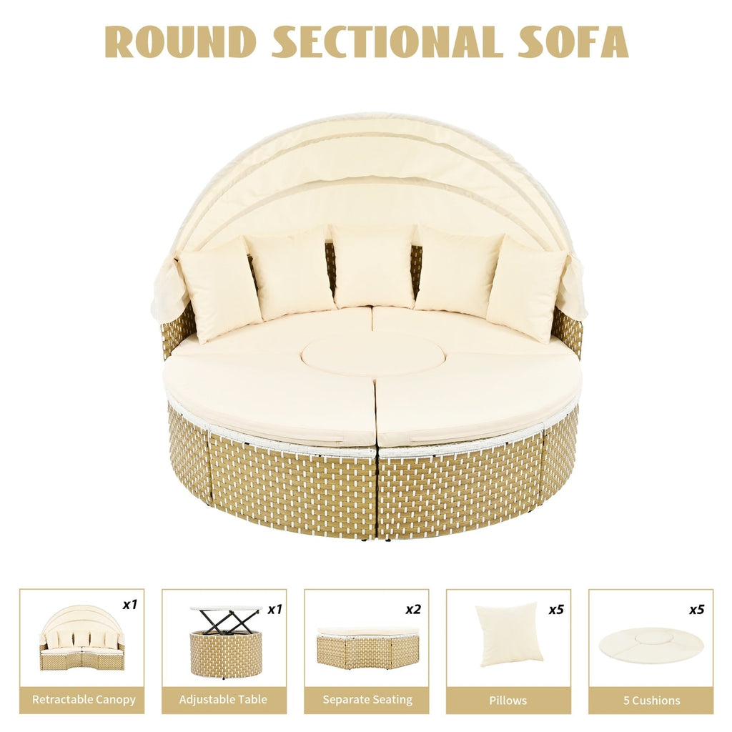 Patio Furniture Round Outdoor Sectional Sofa Set Rattan Daybed Two-Tone Weave Sunbed With Ret
