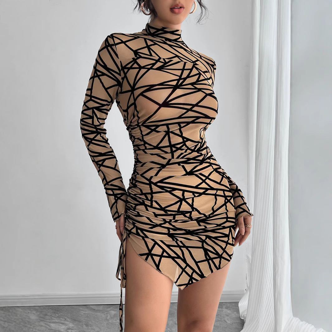 Slim-fit Side Drawstring Stand-up Collar Long-sleeved Irregular Short Dress