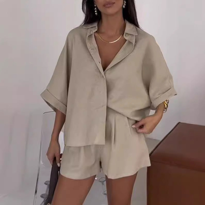 Fashion Polo Collar Half Sleeve Top And Shorts Two-piece Set