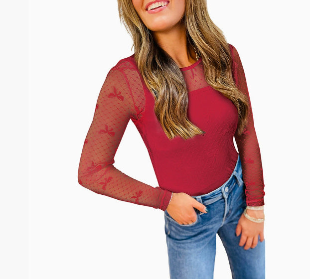 New Bow Print Long-sleeved T-shirt For Women