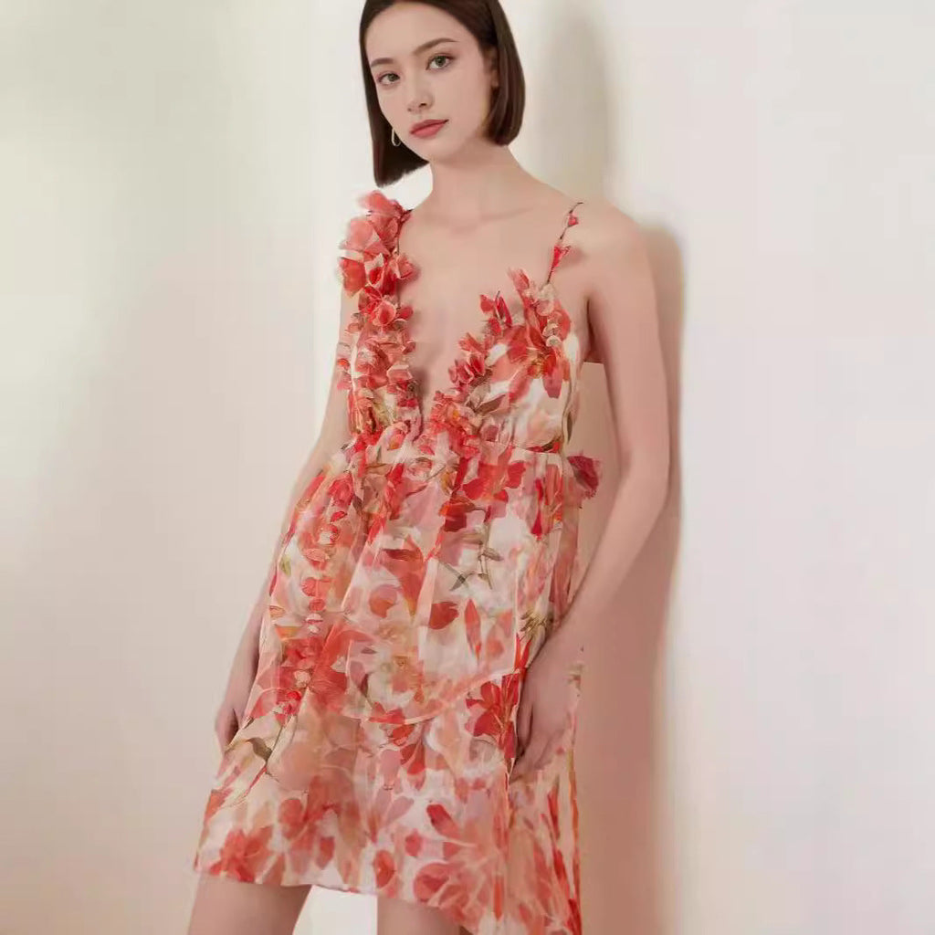 Off-the-shoulder V-neck Women's Clothing Spaghetti-strap Floral Print Long Large Hem Dress