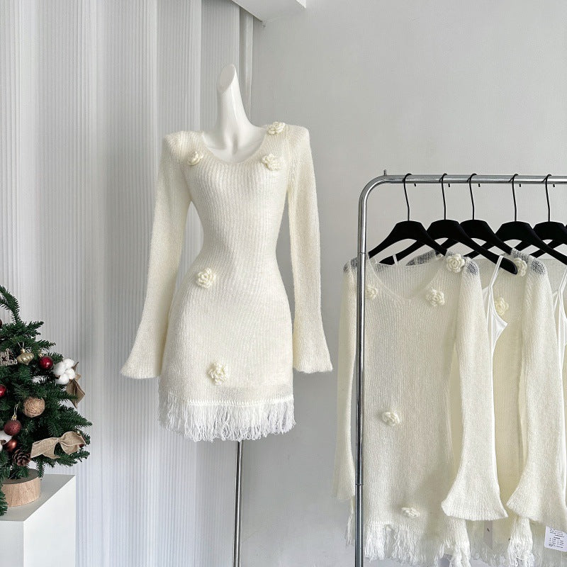 Women's Knitted Flower Bow Tie Dress