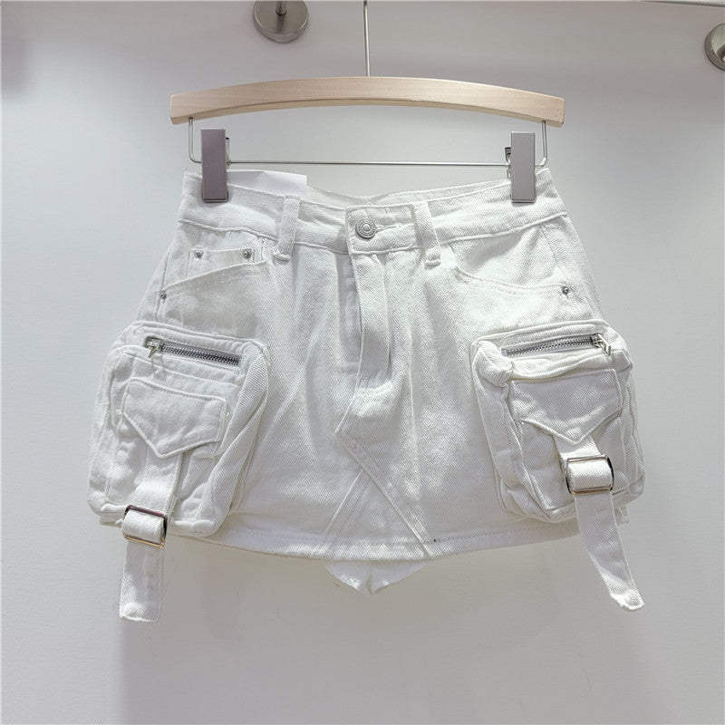 Retro Three-dimensional Workwear With Pocket Denim Skirt