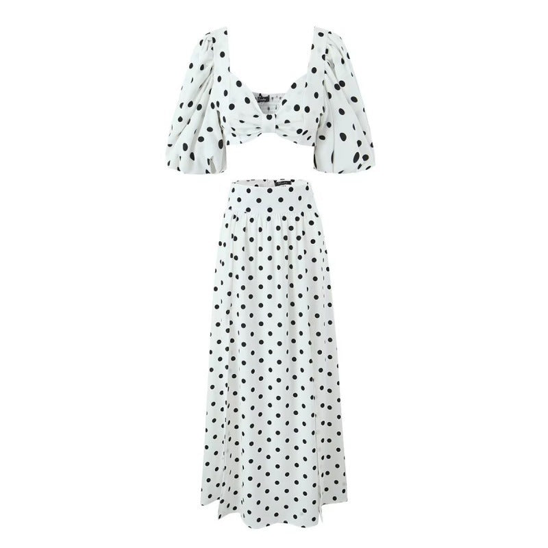 Sexy Polka Dot Split Top Mid-length Dress Set