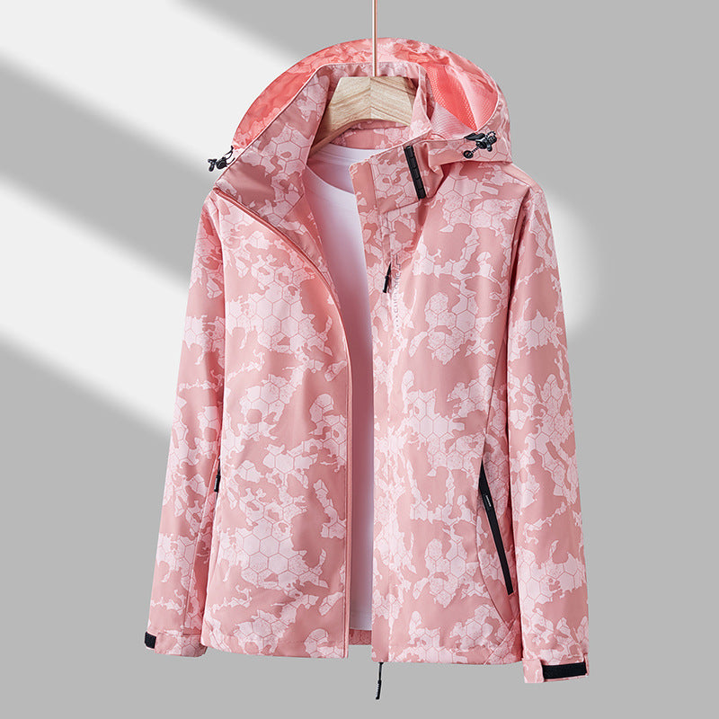 Printed Hooded Windbreaker - Solid Color Zip-up Jacket Waterproof Windproof Outwear