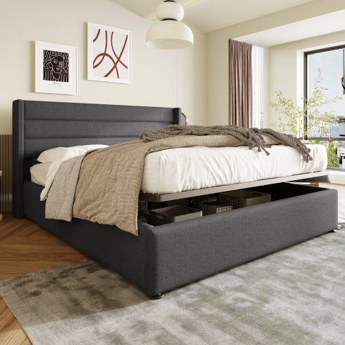 Linen Bed With Metal Frame Panels