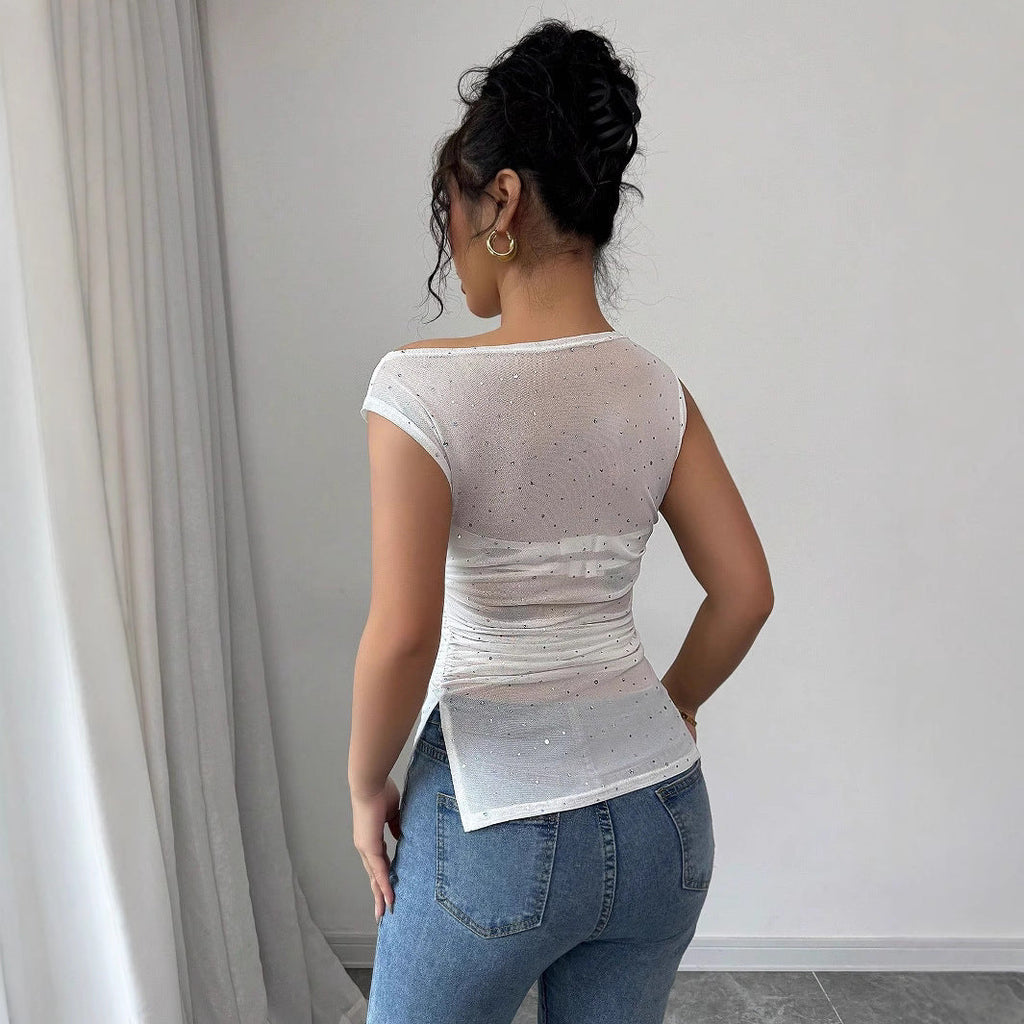 Ladies Sequined Decorative Pleated Diagonal Collar Pleated Hem T-shirt For Women