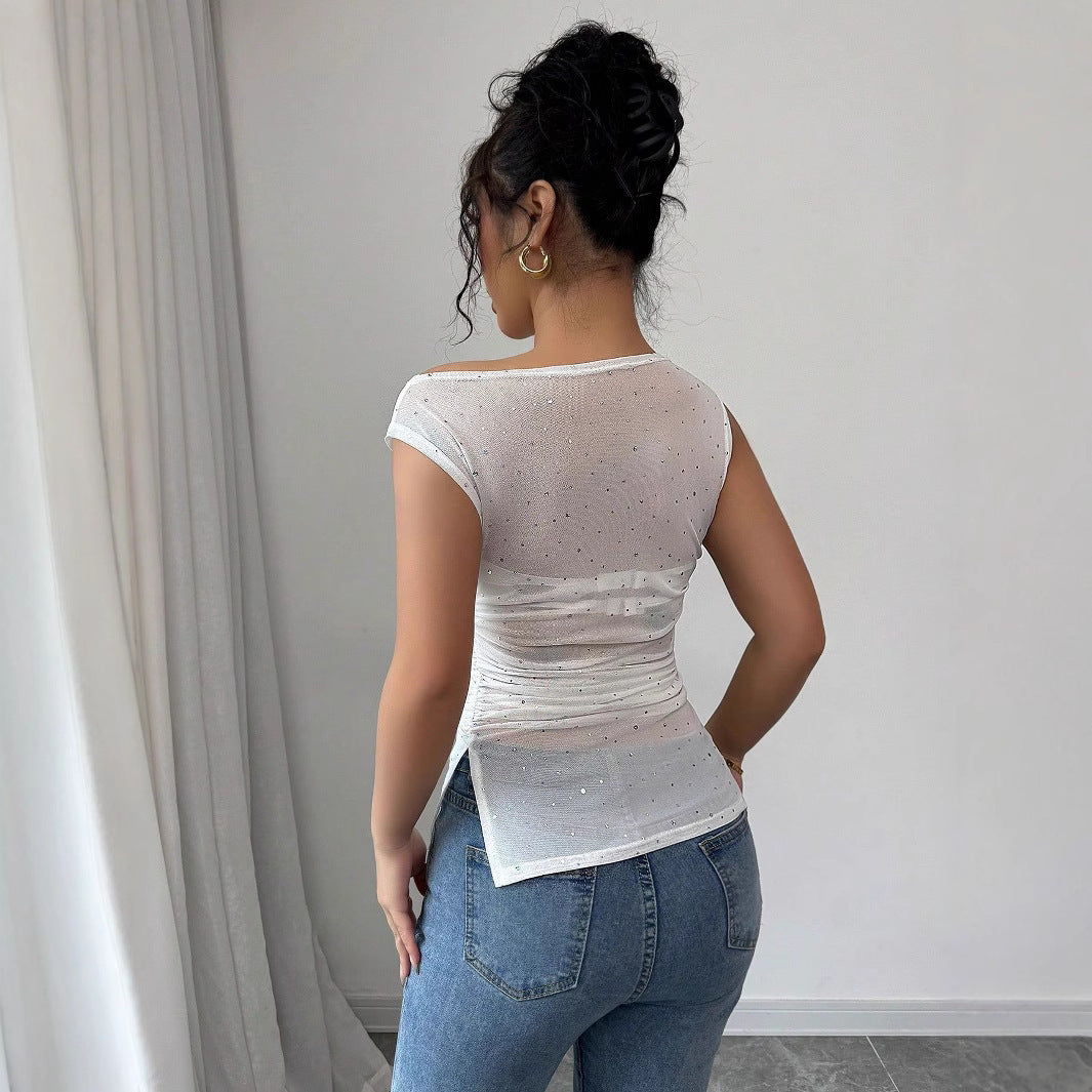 Ladies Sequined Decorative Pleated Diagonal Collar Pleated Hem T-shirt For Women