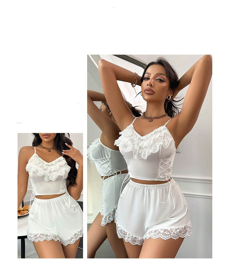 Cross Border Ladies' Homewear Solid Color Sexy Lace Lace Spaghetti-strap Summer Sexy Sleepwear Shorts Two-piece Set