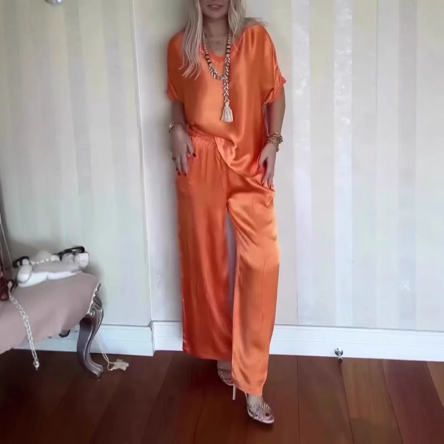 Women's Comfortable V-neck Satin Short-sleeved Two-piece Suit