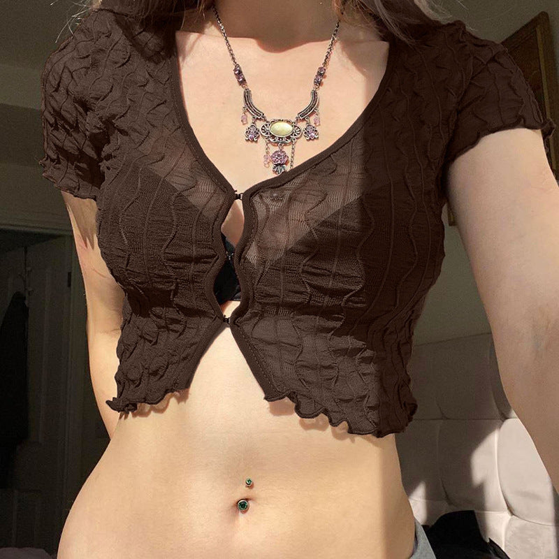 Vneck Hollow Cardigan Tshirt Careful Machine Fungus Edge Short Temperament Allmatch Top