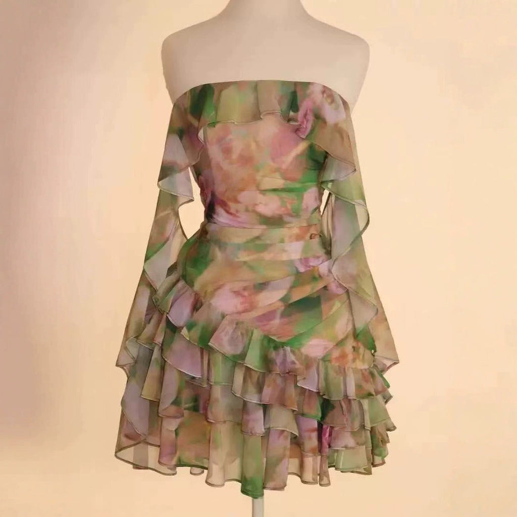 Chiffon Printed Ruffles Tube Dress