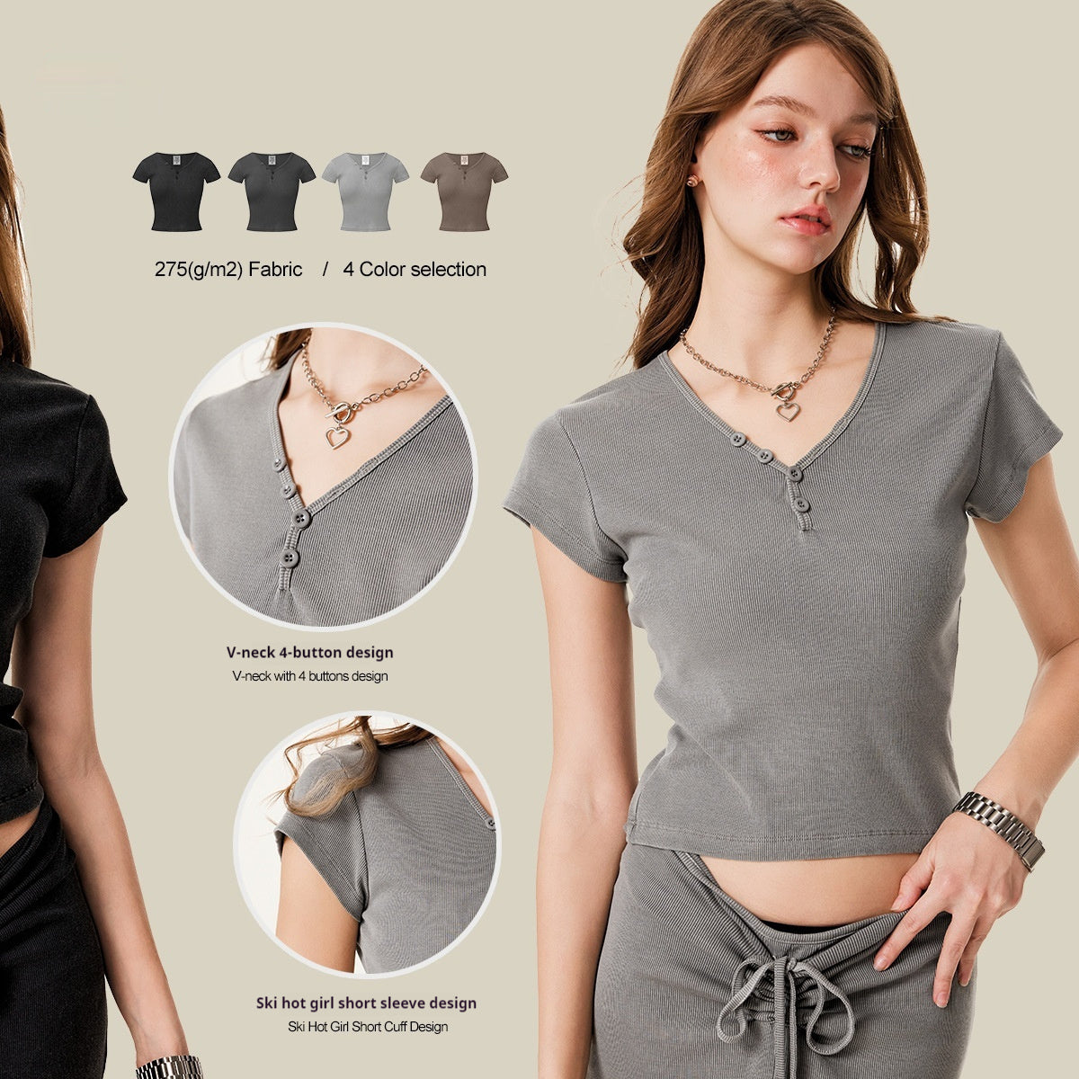 Retro Design Hot Girl Slim Top Button V-neck Shoulder Short Sleeve