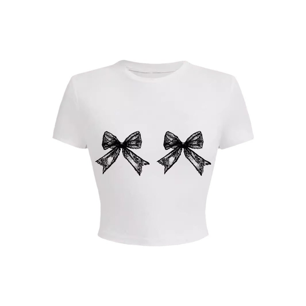 Simple Round Neck Lace Bow Print Short Sleeve