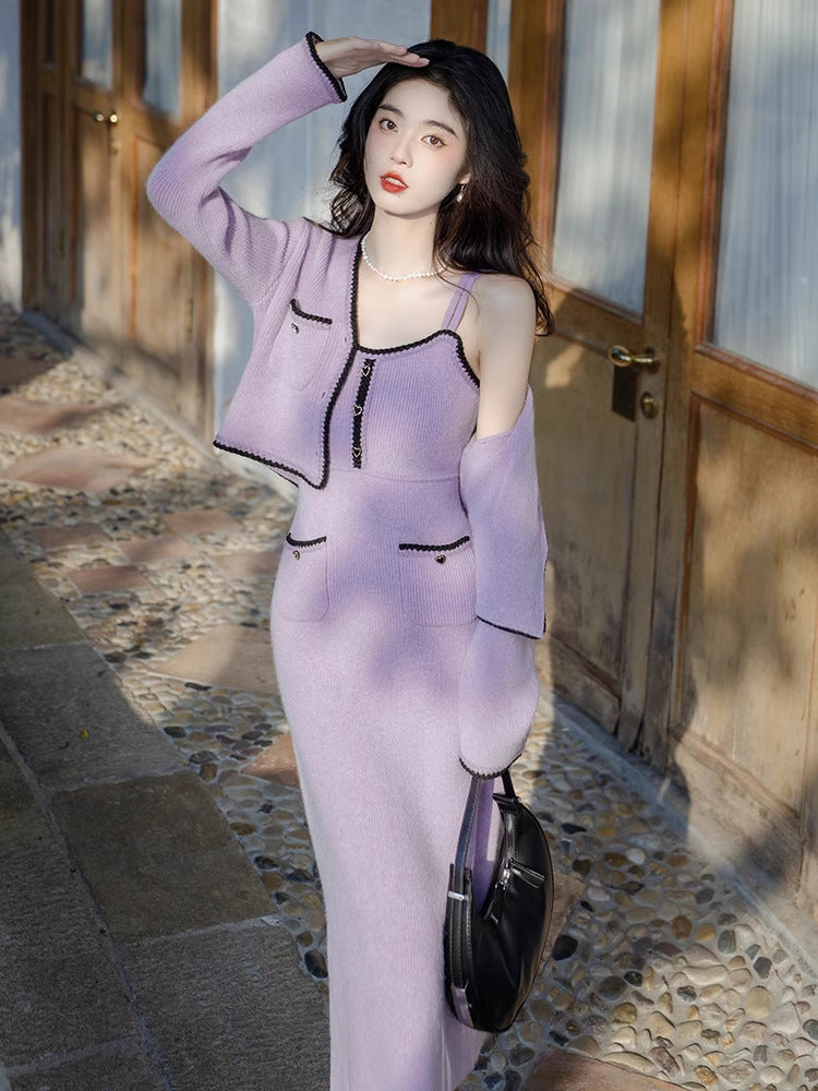 High-grade Pure Desire Style Purple Sweater With Suspenders Cardigan Two-piece Set