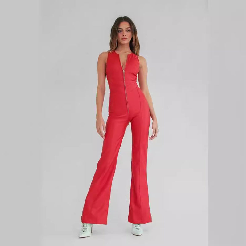Slim Heart-shape Backless Denim Jumpsuit Women Halter Neck Zip Up High Waist Pants Retro Style Clothing