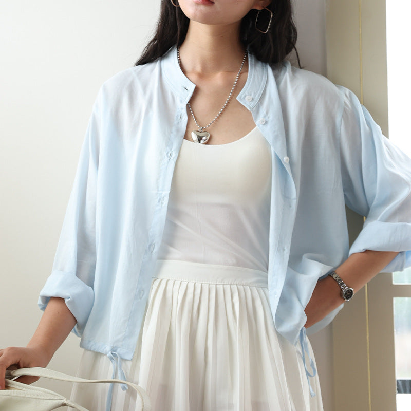 Linen Stand Collar Shirt Light Thin And Loose Button Top