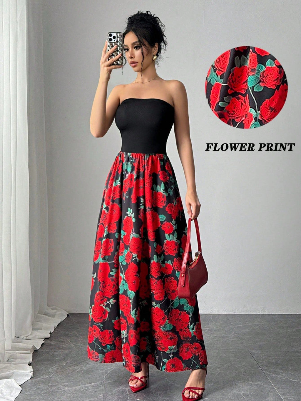 Elegant Women's Rose Print Short Stitching Bandeau Sexy Long Dress