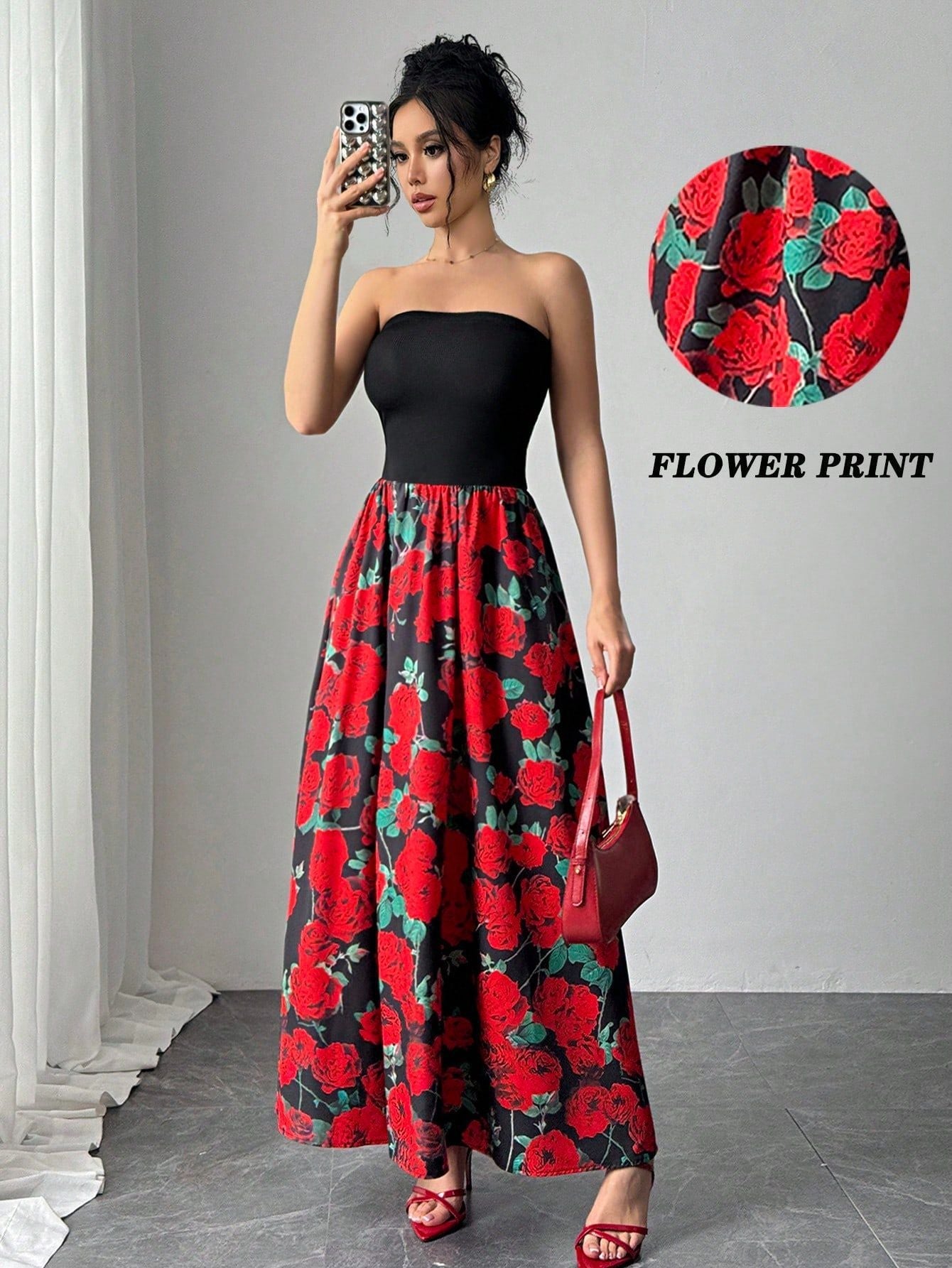 Elegant Women's Rose Print Short Stitching Bandeau Sexy Long Dress