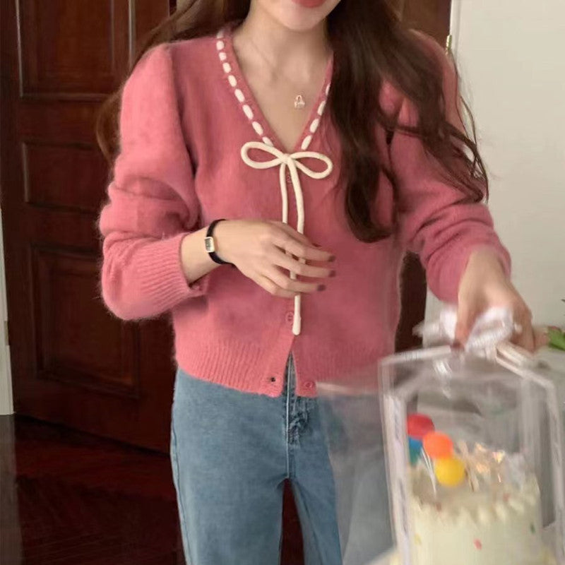 Women's Bow Tied V-neck Loose Long Sleeve Knitted Cardigan Sweater