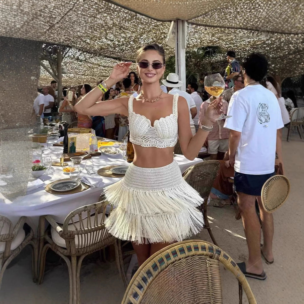 Fashion Tassel Vacation Style Hollow-out Dress Two-piece Set