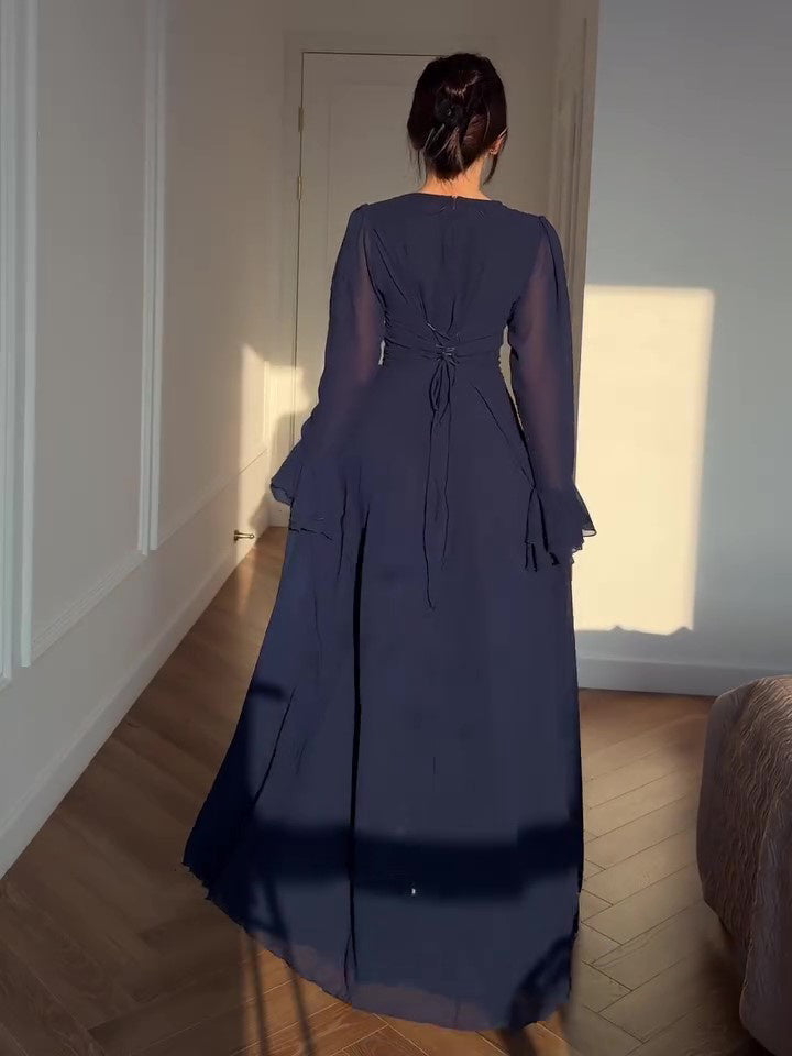 Navy Blue Trumpet Sleeve Tie Maxi Dress