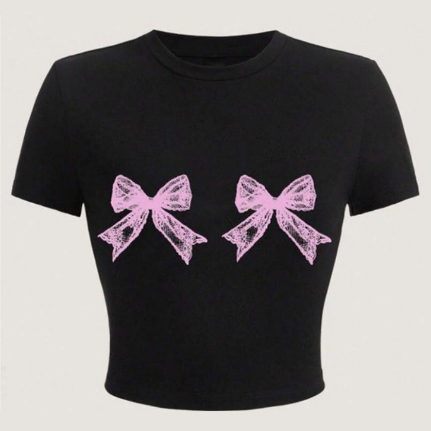 Simple Round Neck Lace Bow Print Short Sleeve