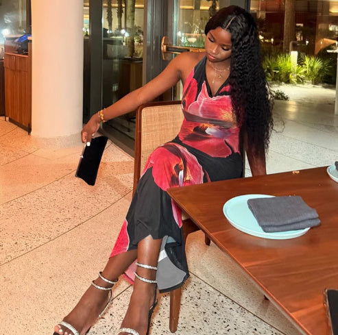 Slim Fit Floral Mesh Suspender Scarf Collar Backless Dress