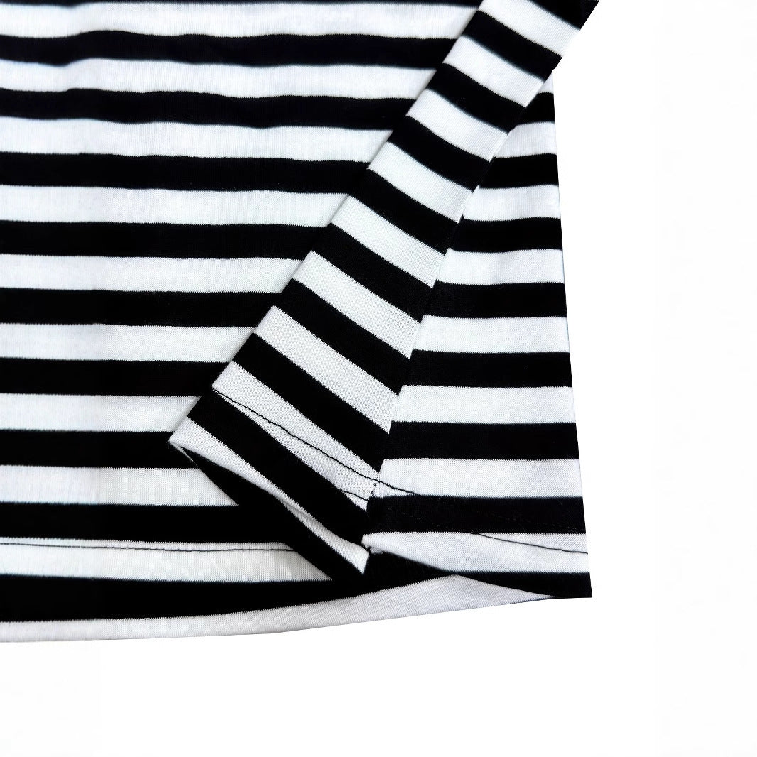 Women's Summer New Contrasting Color Slanted Shoulder Short Sleeved Striped Top