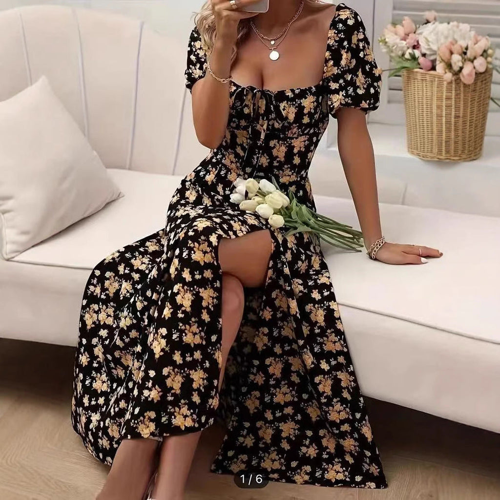 Floral Print Short Sleeve Split Dress