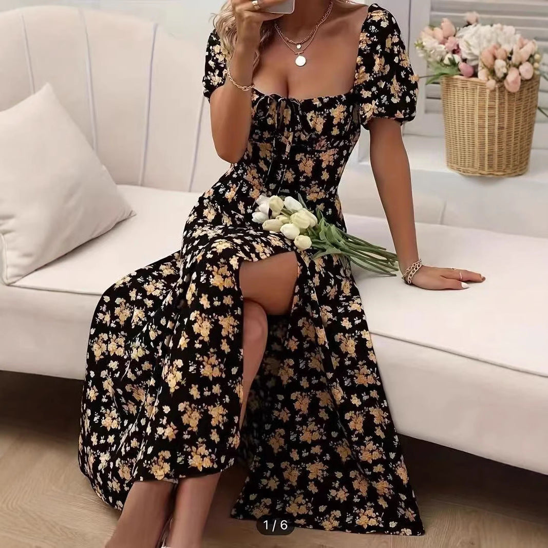Floral Print Short Sleeve Split Dress