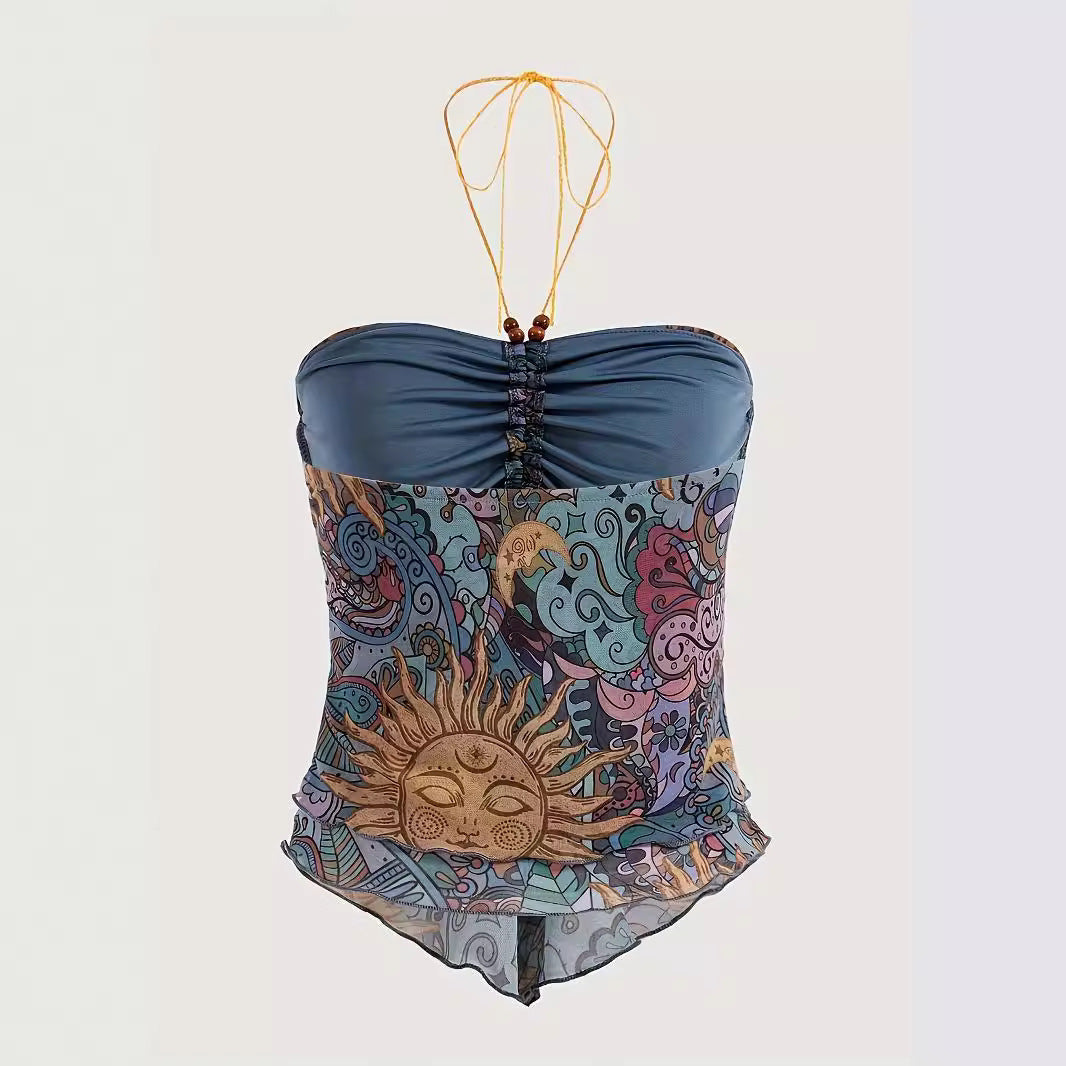 Women's Y2K Mesh SUNFLOWER Printed Irregular Vest Top