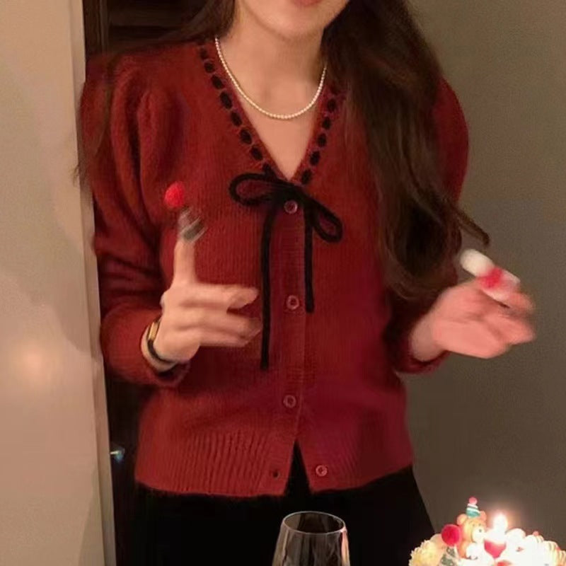 Women's Bow Tied V-neck Loose Long Sleeve Knitted Cardigan Sweater