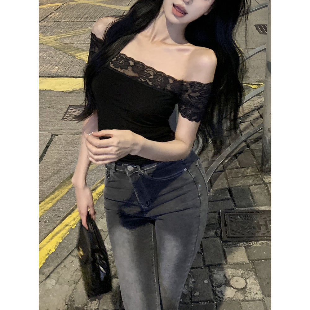 Lace Stitching Exposed Slim Top