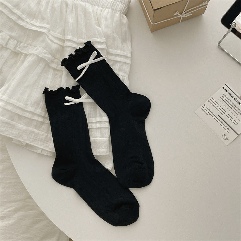 Thin Mesh Solid Color Bow Mid-calf Length Loose Socks Breathable Sweat Absorbing