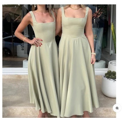 Solid Color Shoulder Strap Slim Fit Mid-length Dress