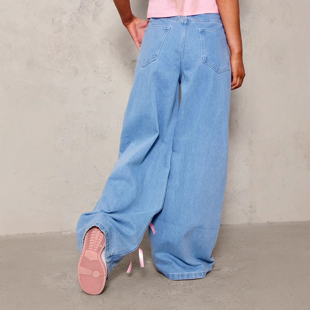 Pink Bow High Waist Wide Leg Jeans