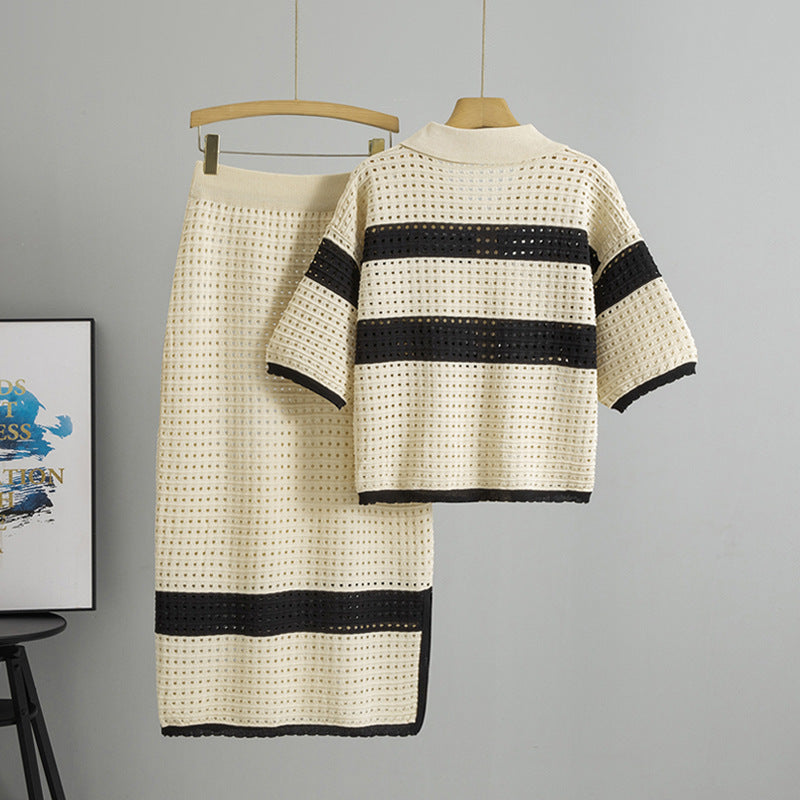 Knitted Short-sleeved Cardigan Midi Skirt Two-piece Set