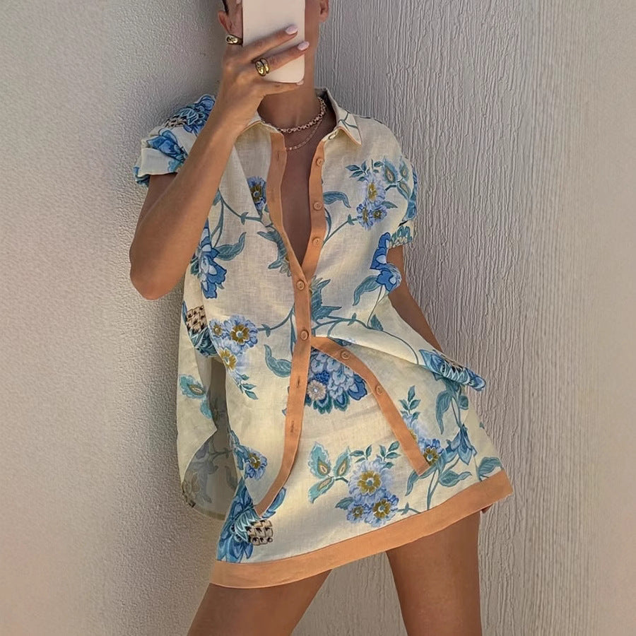 Short Sleeve Shirt Printed Skirt Set