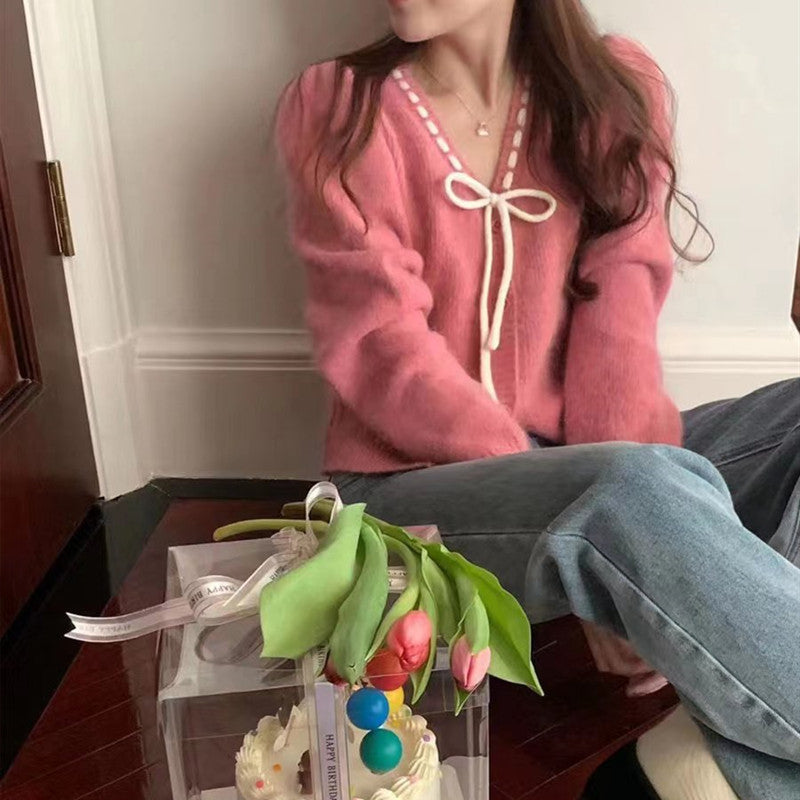 Women's Bow Tied V-neck Loose Long Sleeve Knitted Cardigan Sweater