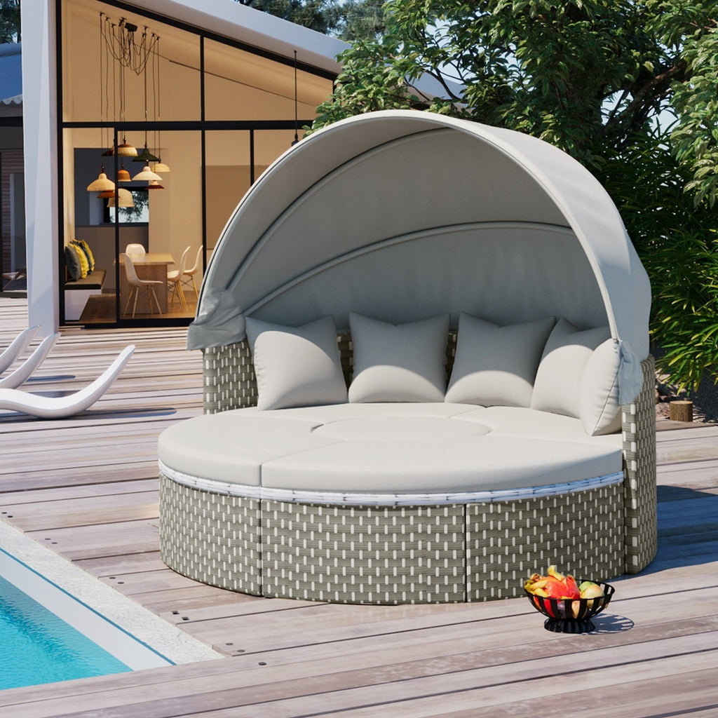 Patio Furniture Round Outdoor Sectional Sofa Set Rattan Daybed Two-Tone Weave Sunbed With Ret