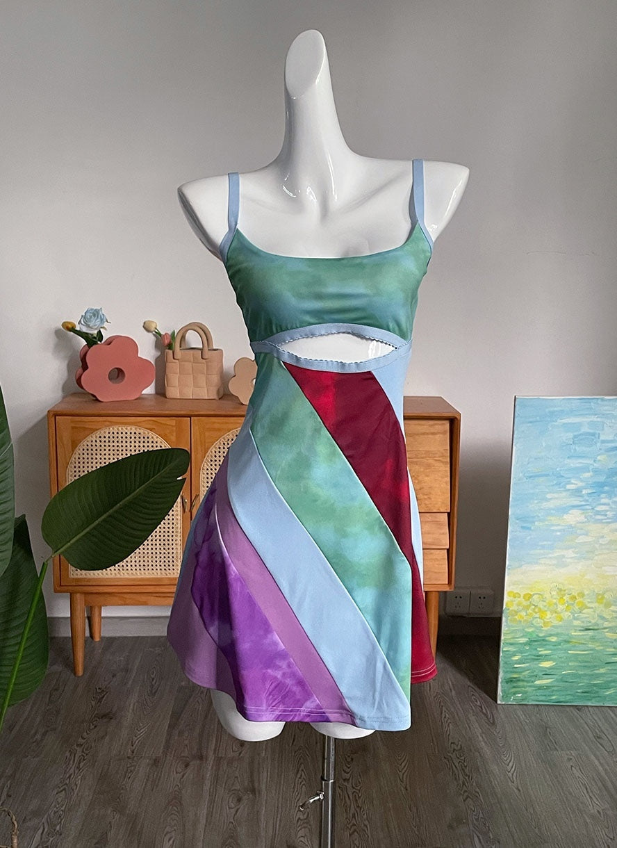 Sexy Y2K Aesthetic Patchwork Front Cut Out Stripe Spaghetti Strap Dress