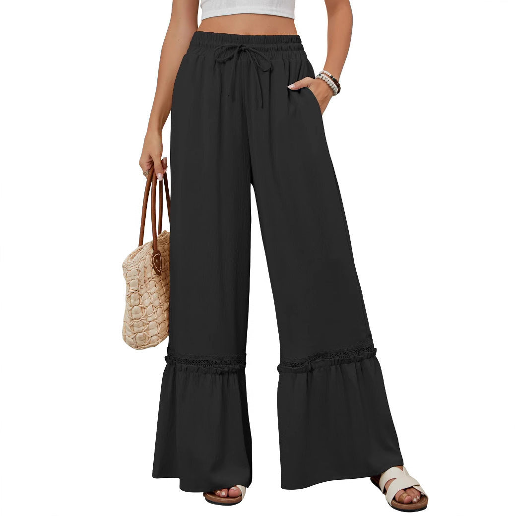Solid Color High Waist Casual Pants Women's Drawstring Wide Leg Pants